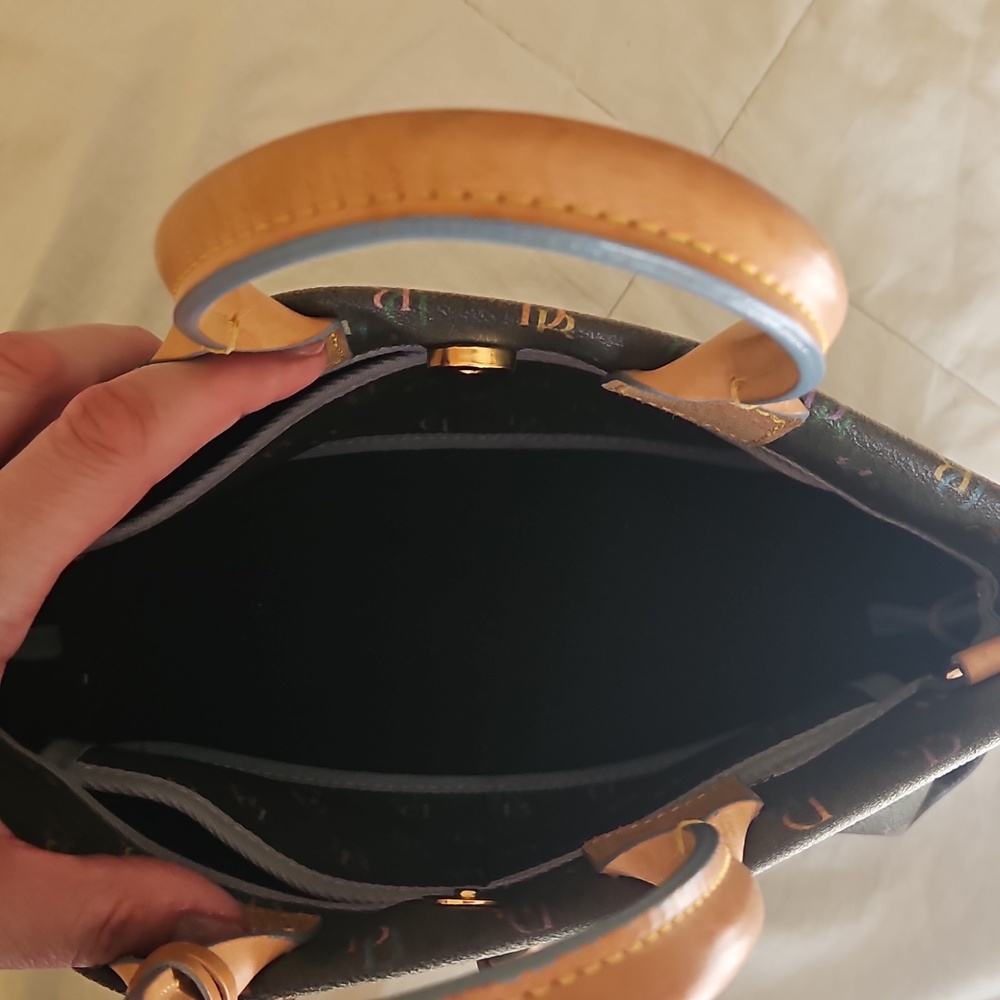 Dooney & Bourke Black Multicolor Monogram Satchel with Tan Leather Handles - Picture 5 of 7